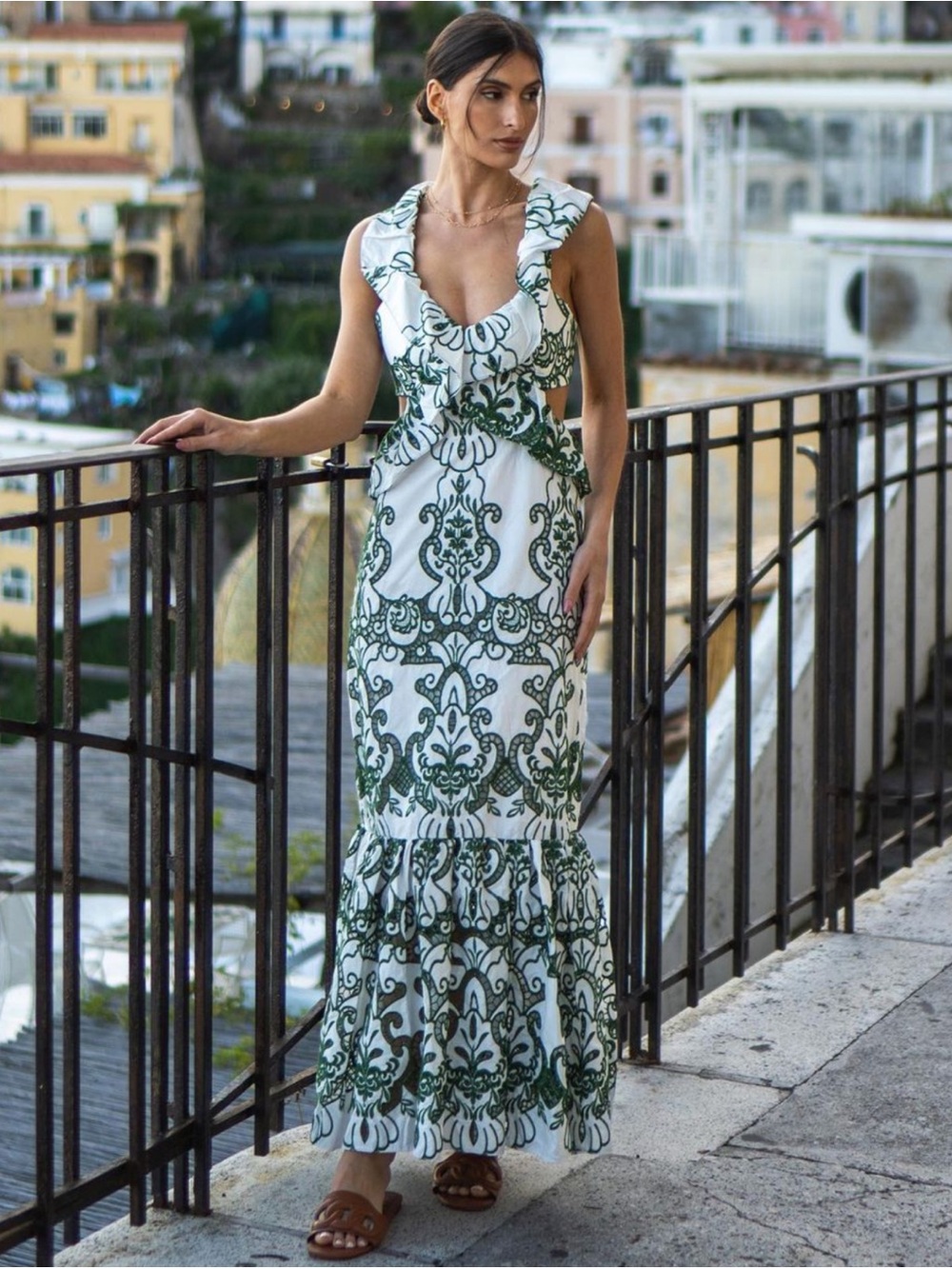 Zara White and Green Ruffled Maxi Dress